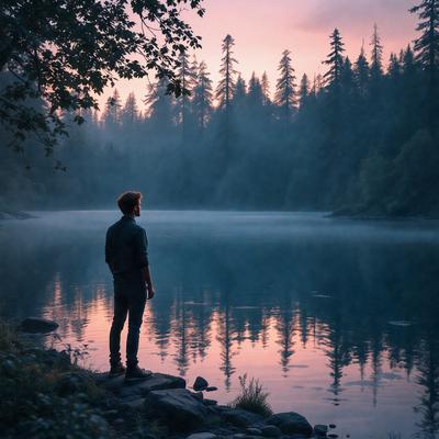 The primary subject of the image is a man standing near a body of water, possibly a lake or a river. He is wearing a blue jacket and appears to be looking out over the water. The setting is a serene, natural environment with trees in the background. The visual style of the image is a photo, capturing the man and his surroundings in a realistic manner. The colors and mood of the image are calm and peaceful, with the blue jacket and the water creating a sense of tranquility